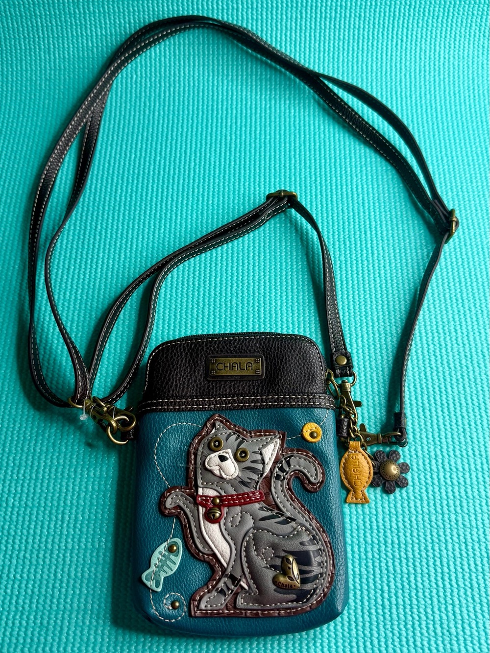 Chala Teal Cat Crossbody Phone Bag with Charms